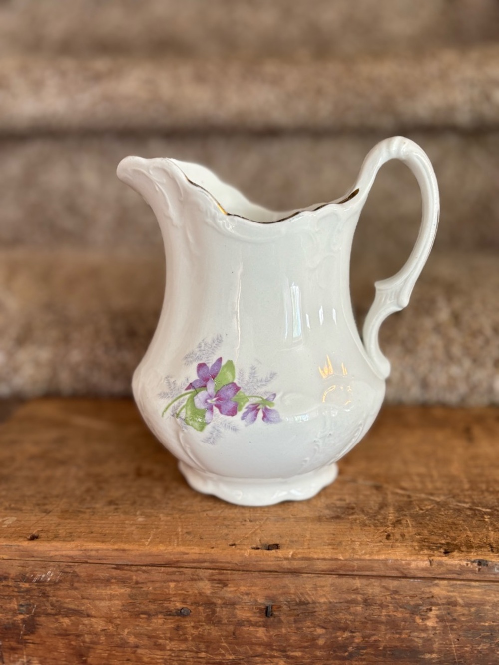 White Floral Ceramic Pitcher with Gold Trim
